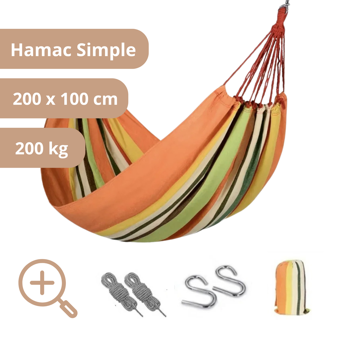 Hamac Simple 200 x 100 - Rayures Orange et Vert-Hamac Horizon