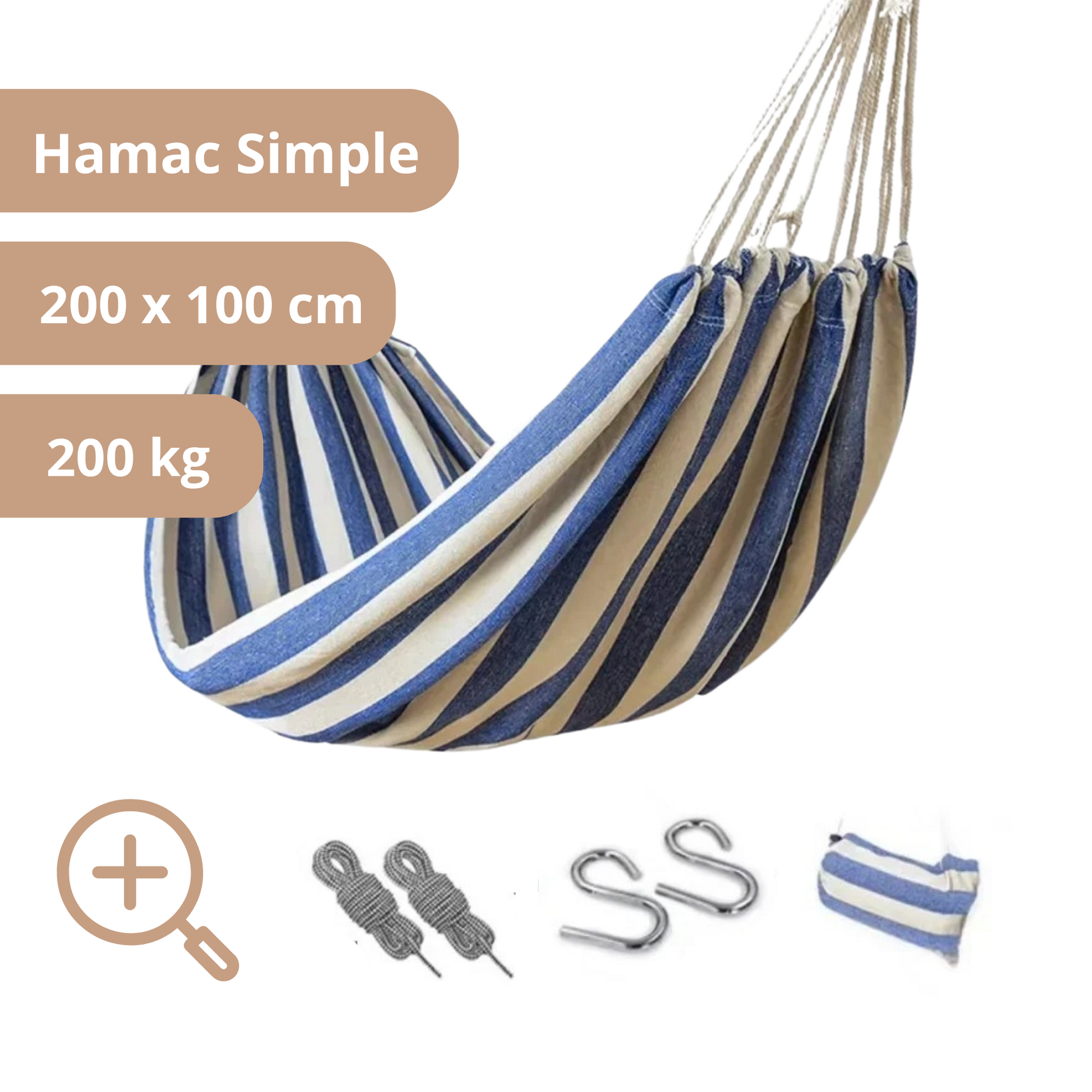 Hamac Simple 200 x 100 - Bleu et Blanc-Hamac Horizon